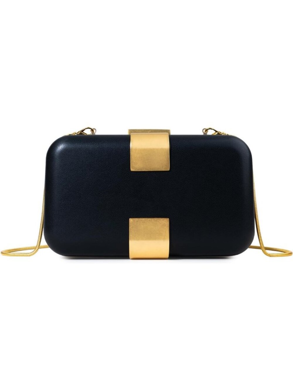Chic Black Leather Clutch Purse, Gold-Tone Clasp, Detachable Chain Strap